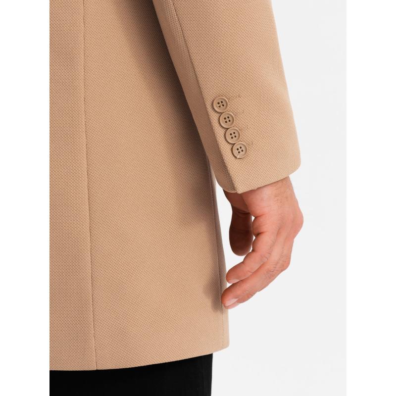 Pánsky štruktúrovaný kabát s vysokým golierom - svetlohnedý V4