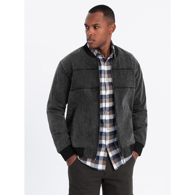 Pánská džínová bunda katana s cargo kapsami a kapucí - modrá V3 C558