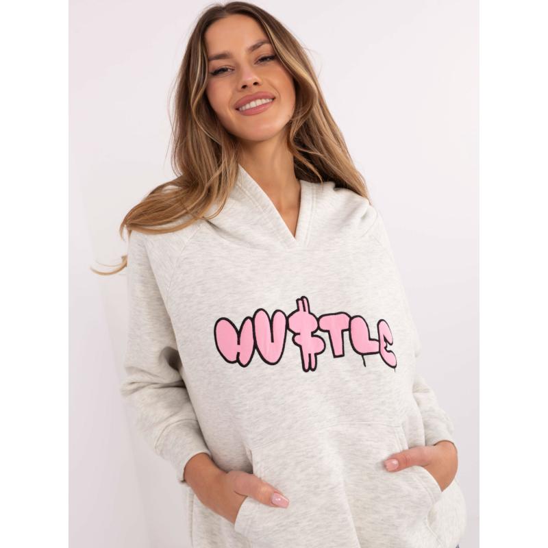 Világosszürke melange kenguru pulóver applikációval