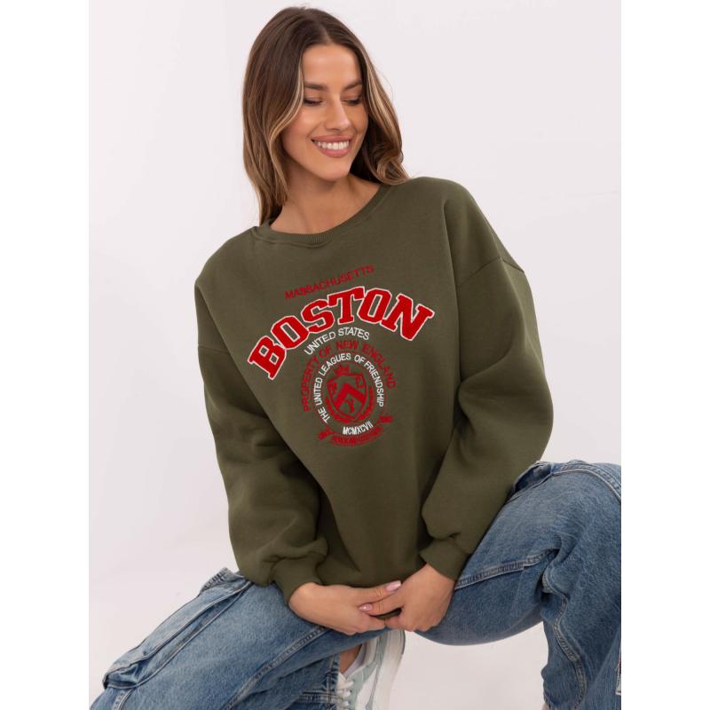 Khaki színű női kapucnis pulóver foltokkal