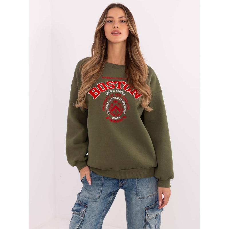 Khaki színű női kapucnis pulóver foltokkal