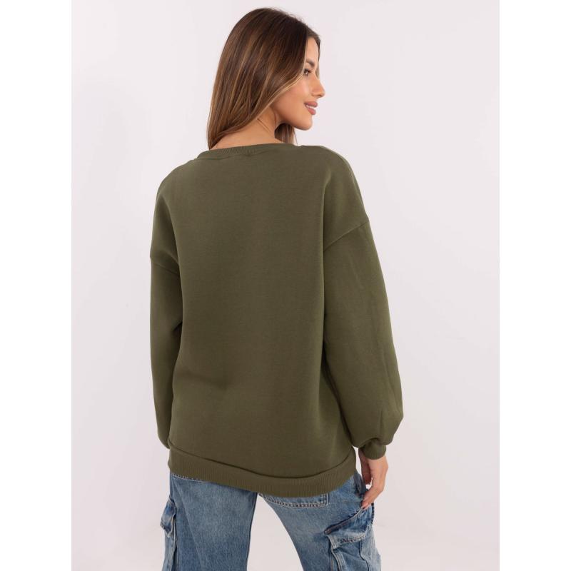 Khaki színű női kapucnis pulóver foltokkal