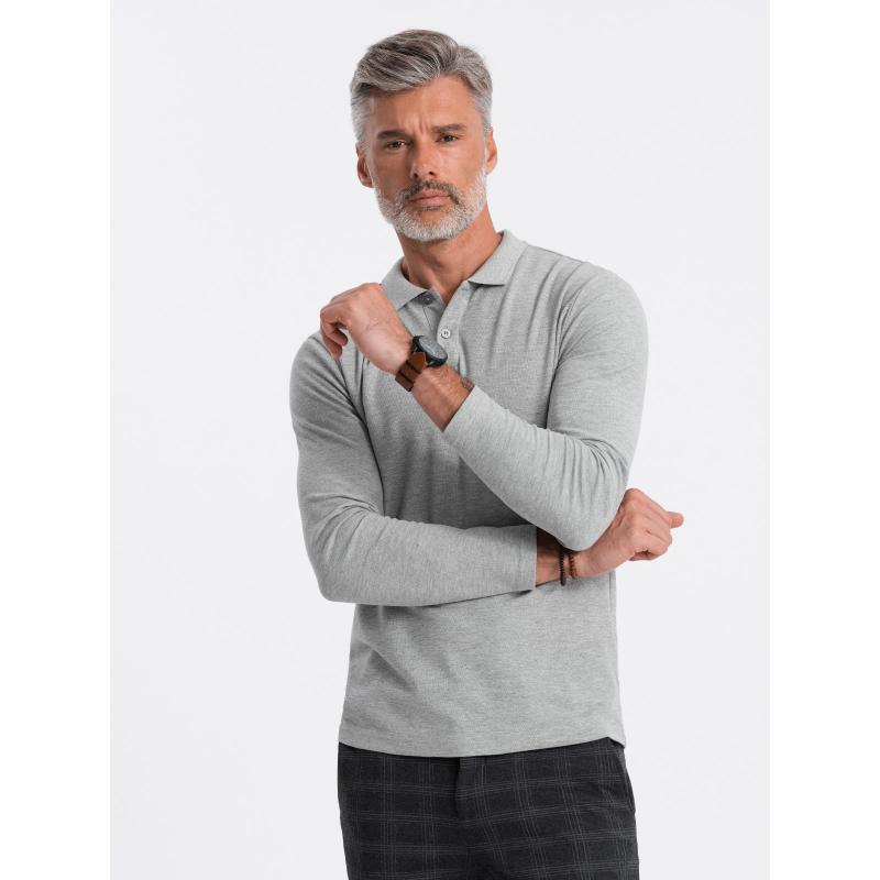 Pánská košile s dlouhým rukávem a polo límcem - šedý melír V4 OM-POBL-0114