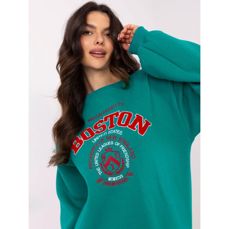 Türkiz színű kapucnis pulóver Boston felirattal