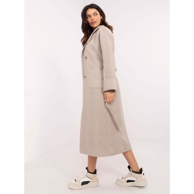 Béžový dámský dvouřadový kabát s páskem