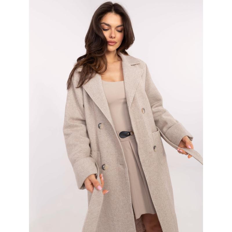 Béžový dámský dvouřadový kabát s páskem