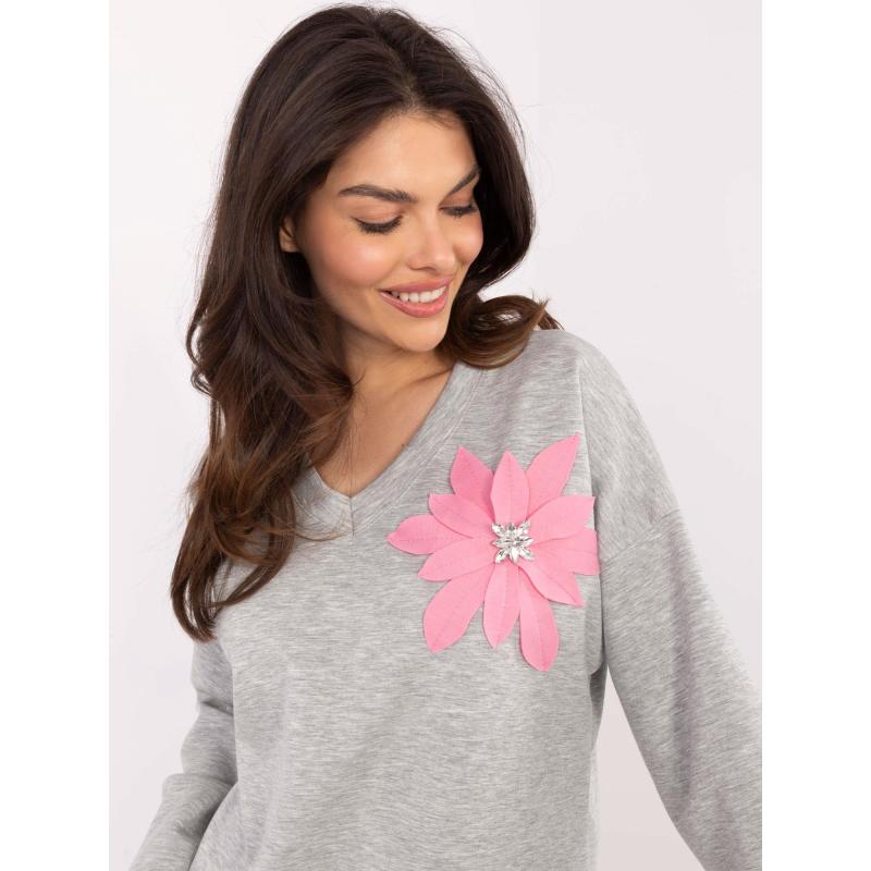 Szürke melange kapucnis pulóver virágmintával