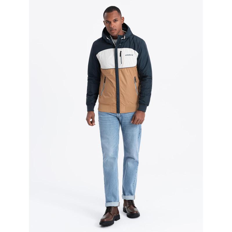 Kurtka męska sportowa z kapturem C447 - V1 brązowa