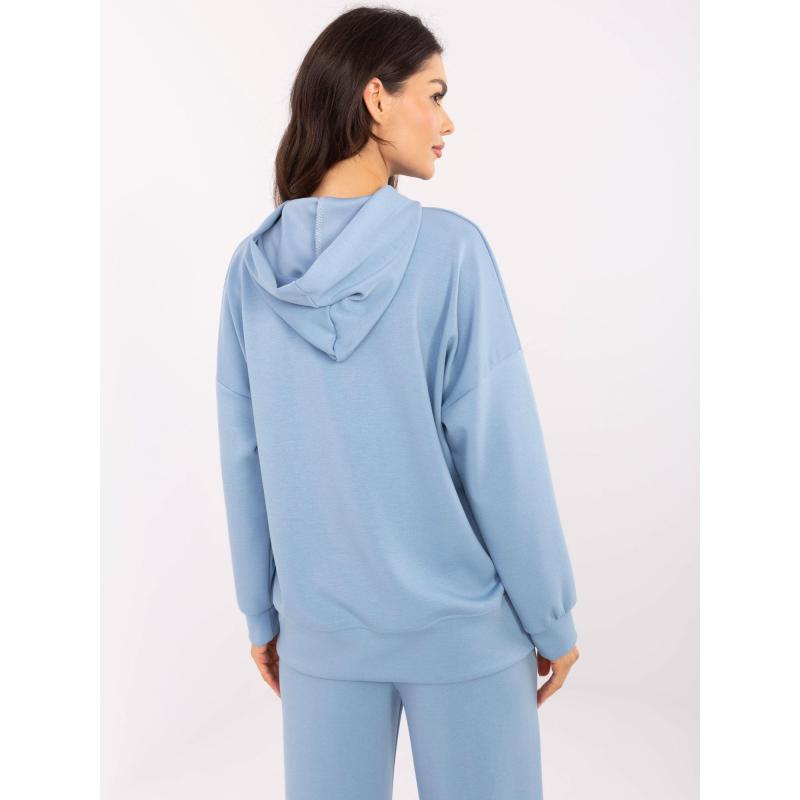 Kék női kapucnis pulóver applikációkkal