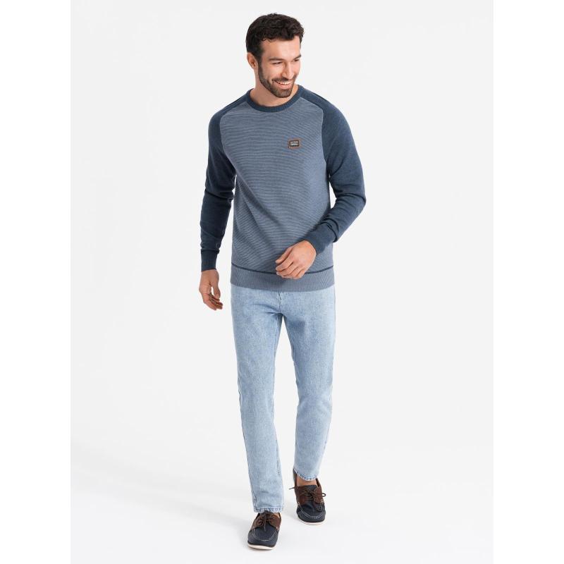 Pánský pletený svetr RELAXED FIT se vzory - tmavě modrý V1 OM-SWSW-0111