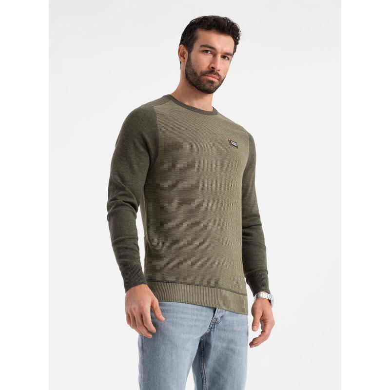 Pletený pánský svetr RELAXED FIT se vzory - tmavě modrý V1 OM-SWSW-0111