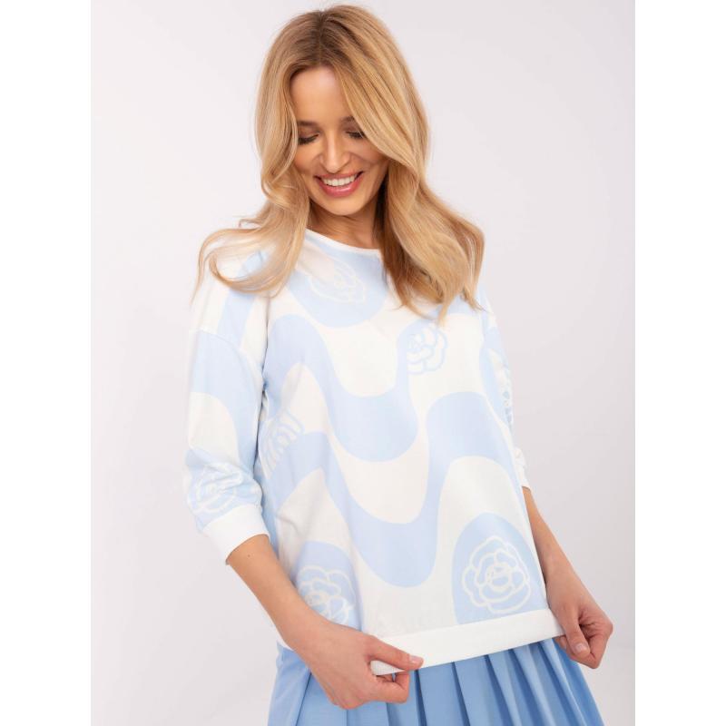 Ecru-világoskék pamut blúz mintával