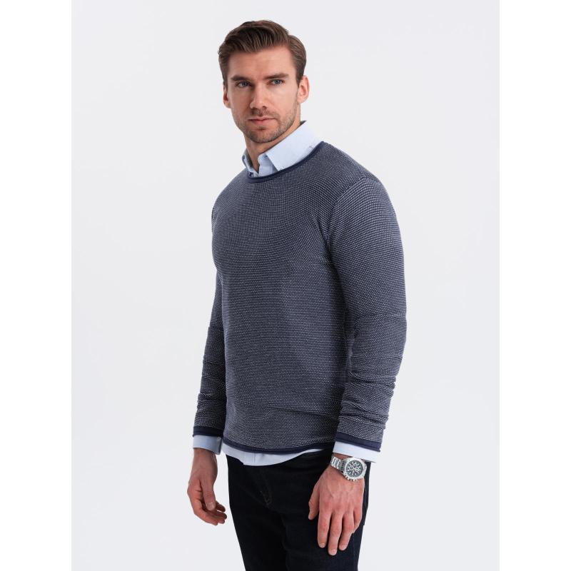 Pletený pánský svetr RELAXED FIT se vzory - tmavě modrý V1 OM-SWSW-0111