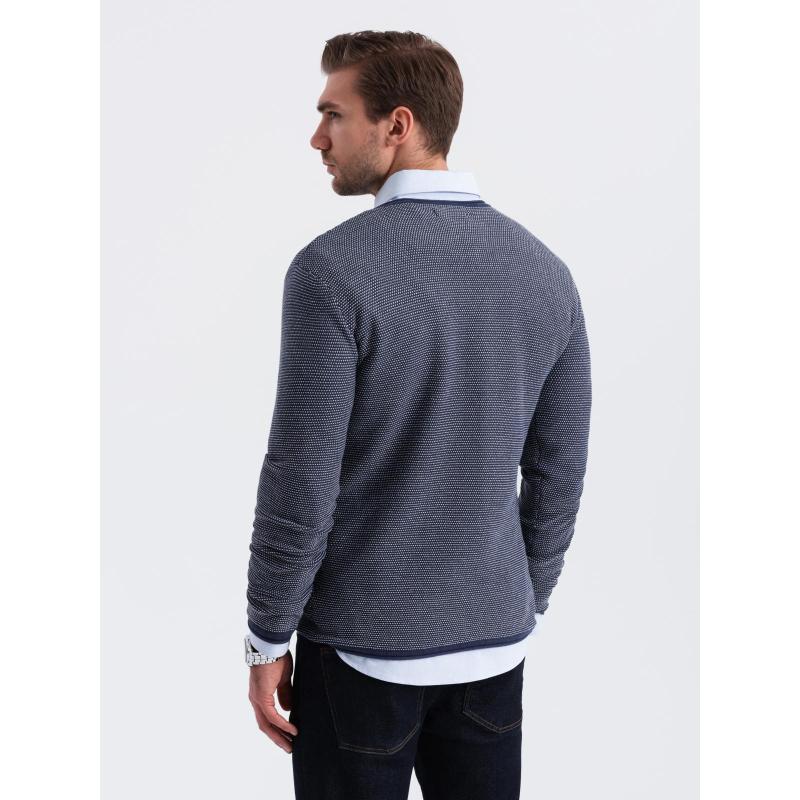 Pletený pánský svetr RELAXED FIT se vzory - tmavě modrý V1 OM-SWSW-0111