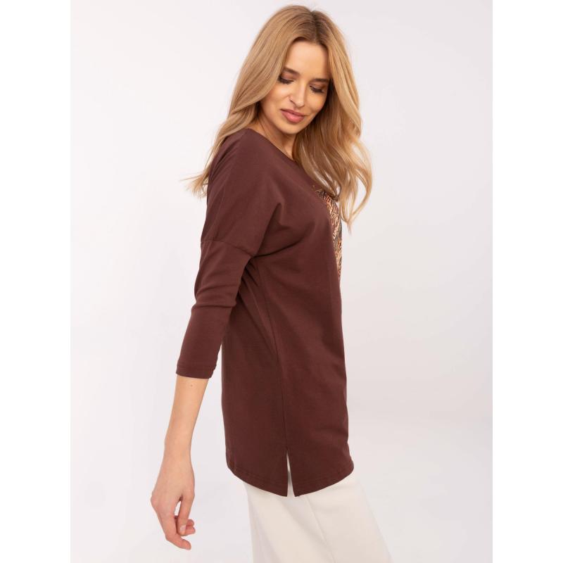 Hnědá dlouhá dámská halenka s potiskem