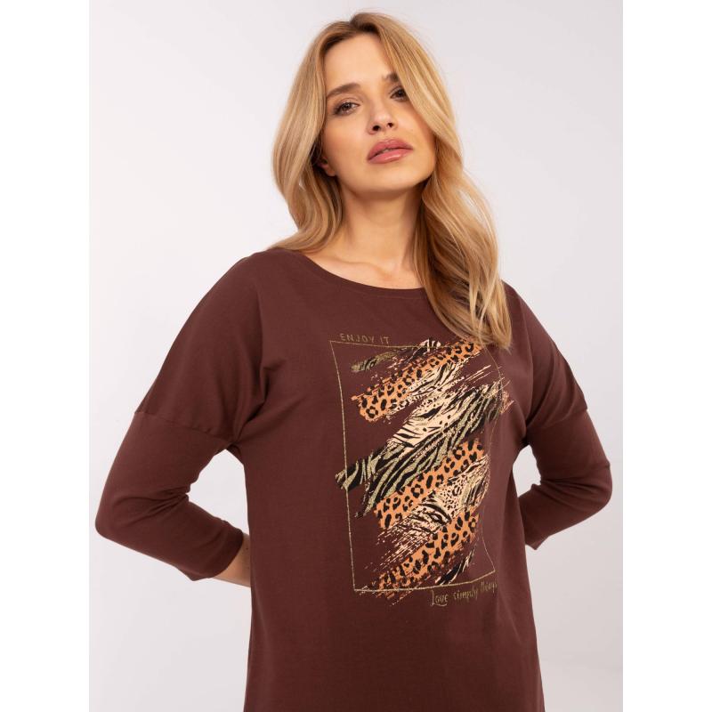 Hnědá dlouhá dámská halenka s potiskem