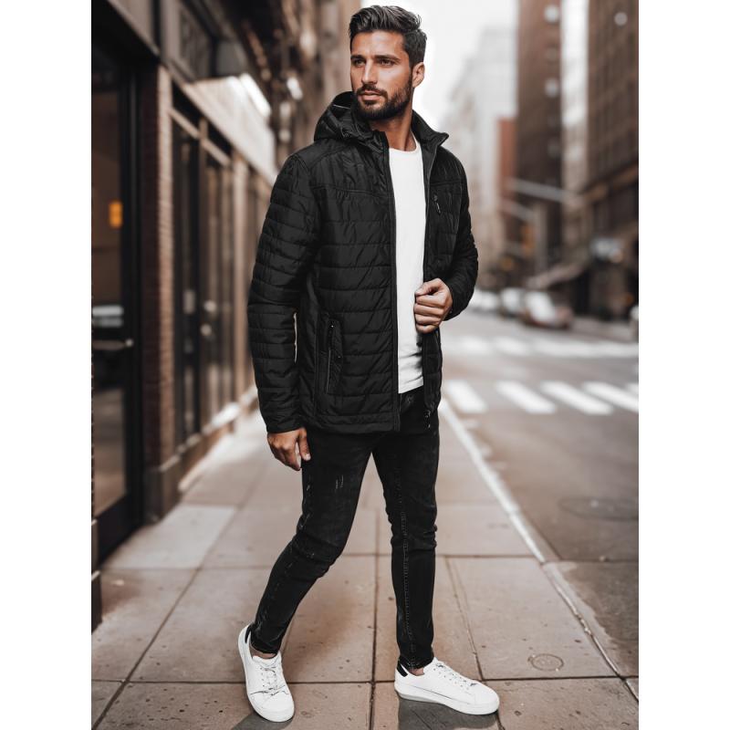 Férfi steppelt kabát kapucnival, fekete