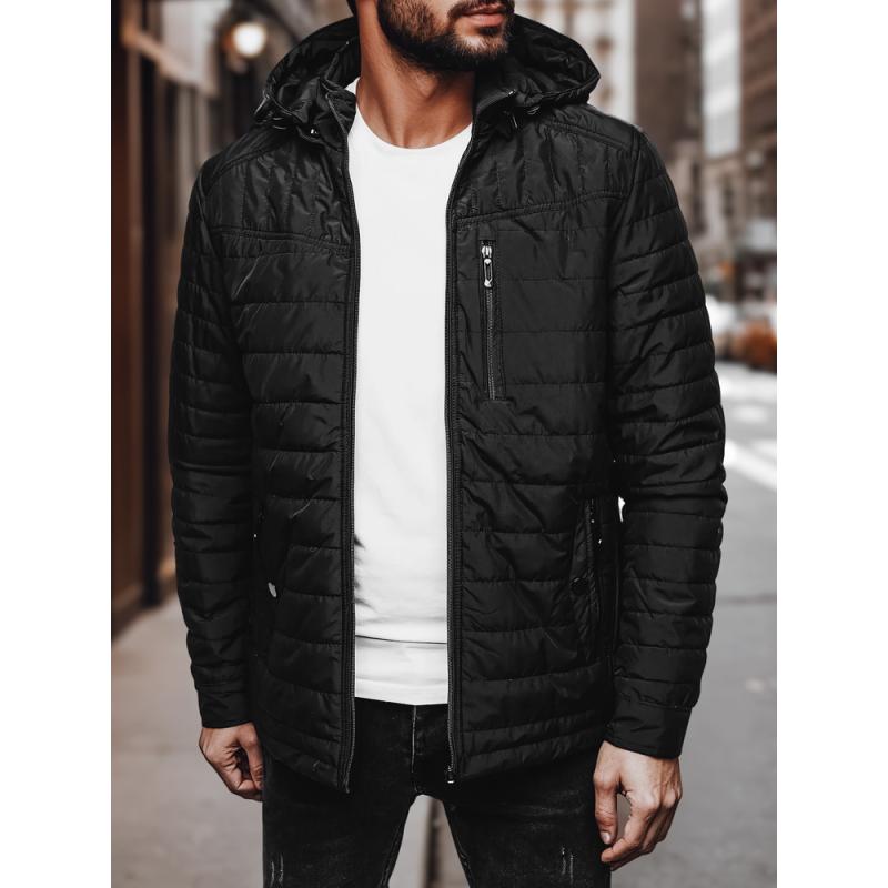 Férfi steppelt kabát kapucnival, fekete