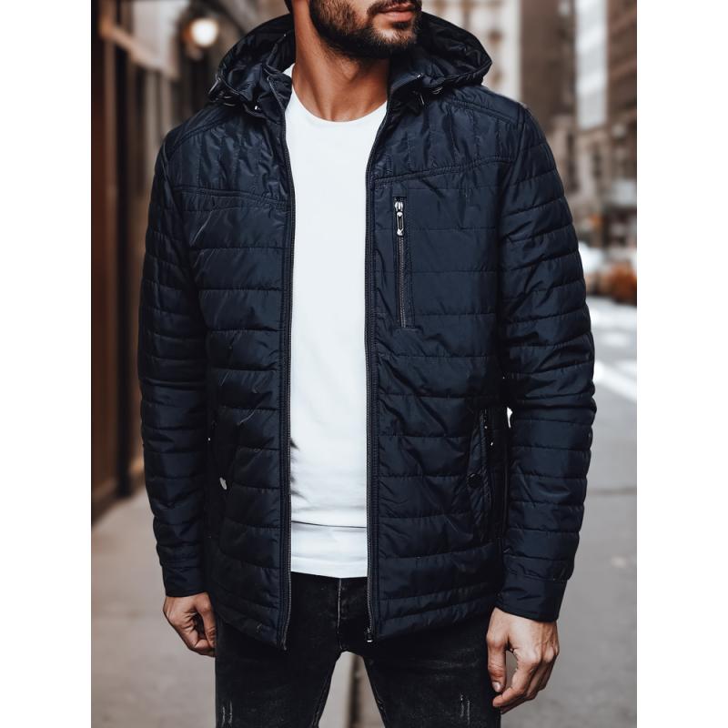 Férfi steppelt kabát kapucnival, sötétkék