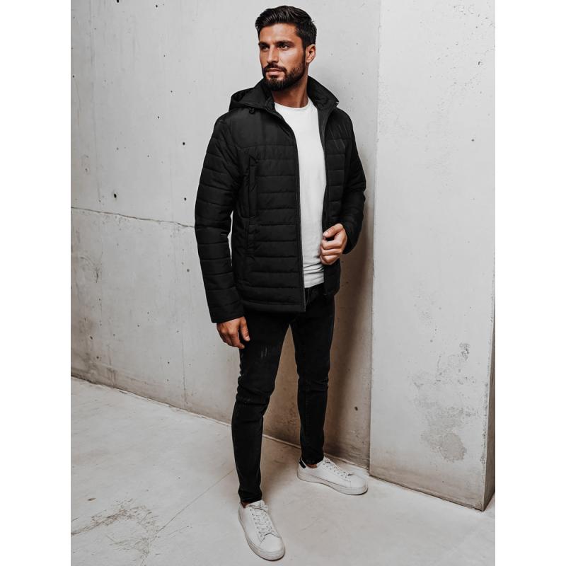 Pánská prošívaná bunda s kapucí, černá