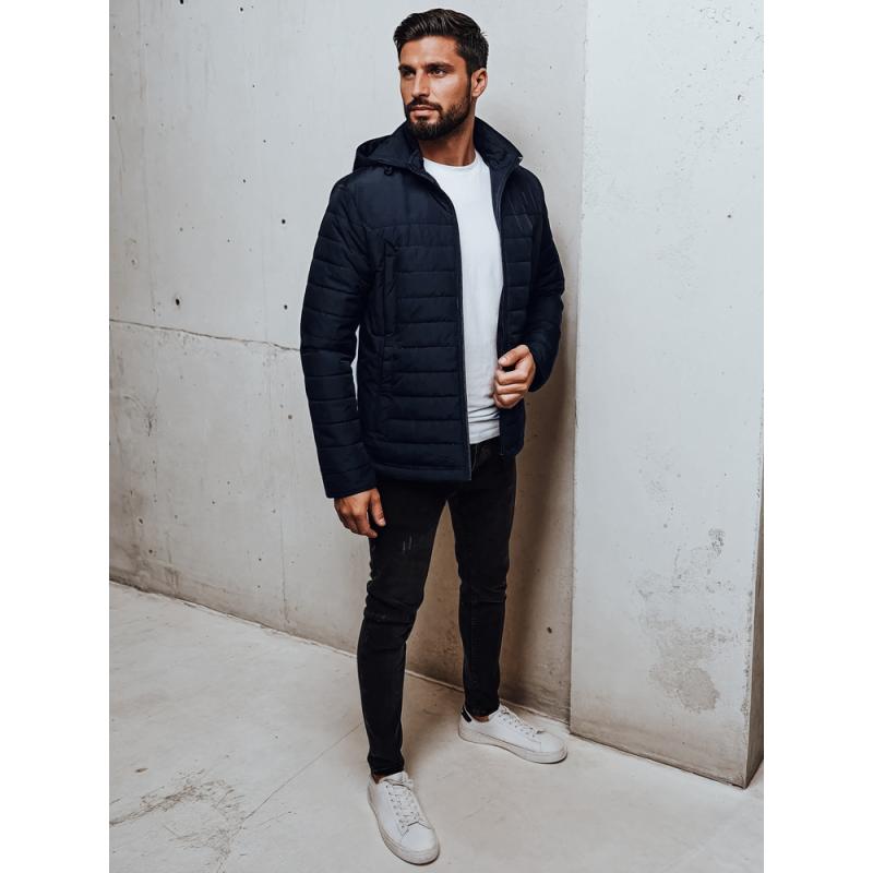 Pánská prošívaná bunda s kapucí, tmavě modrá