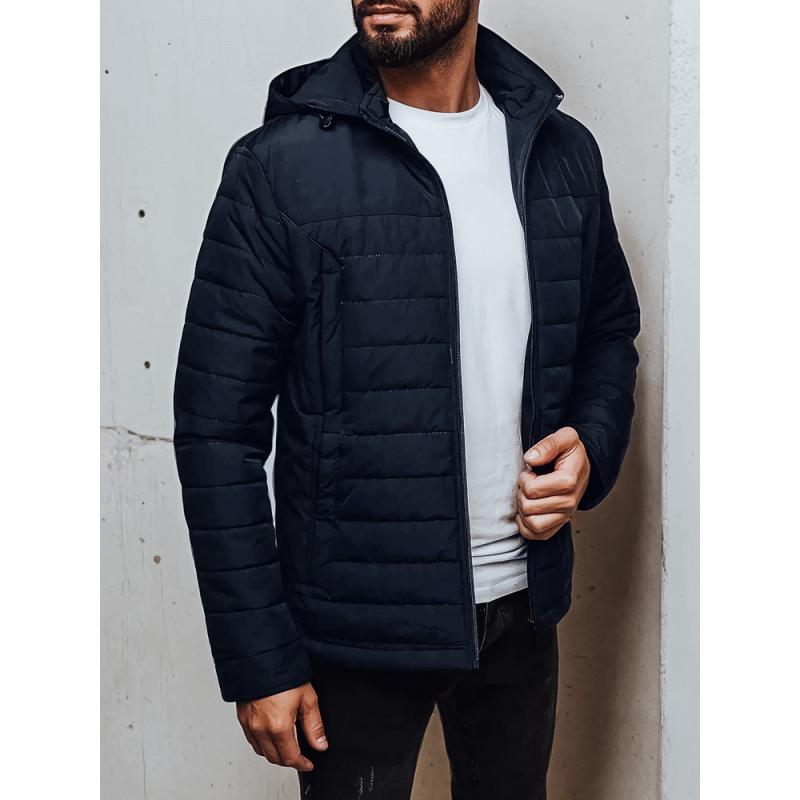 Pánská prošívaná bunda s kapucí, tmavě modrá