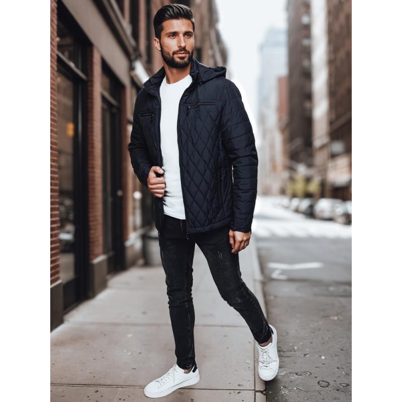 Pánská prošívaná bunda s kapucí, tmavě modrá