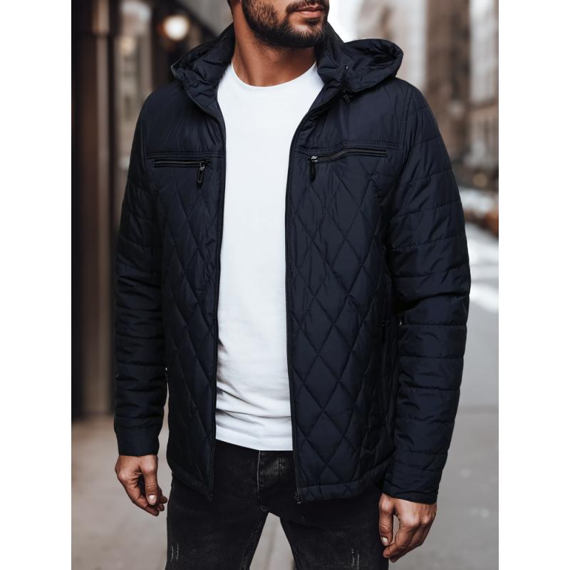 Pánská prošívaná bunda s kapucí, tmavě modrá