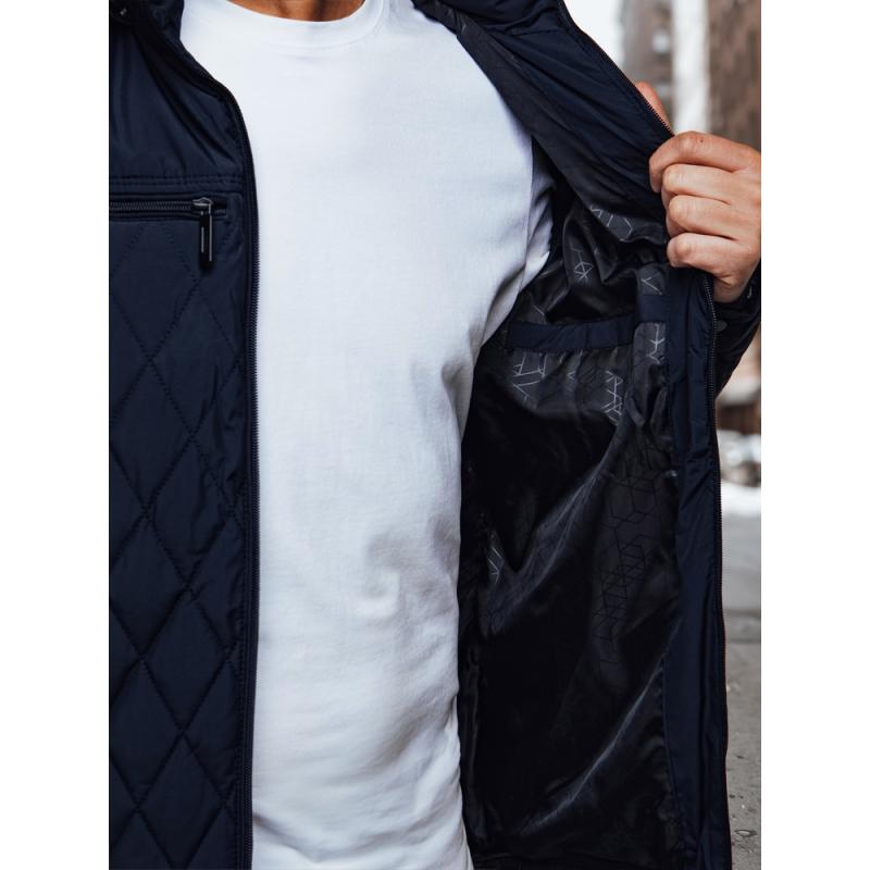 Pánská prošívaná bunda s kapucí, tmavě modrá