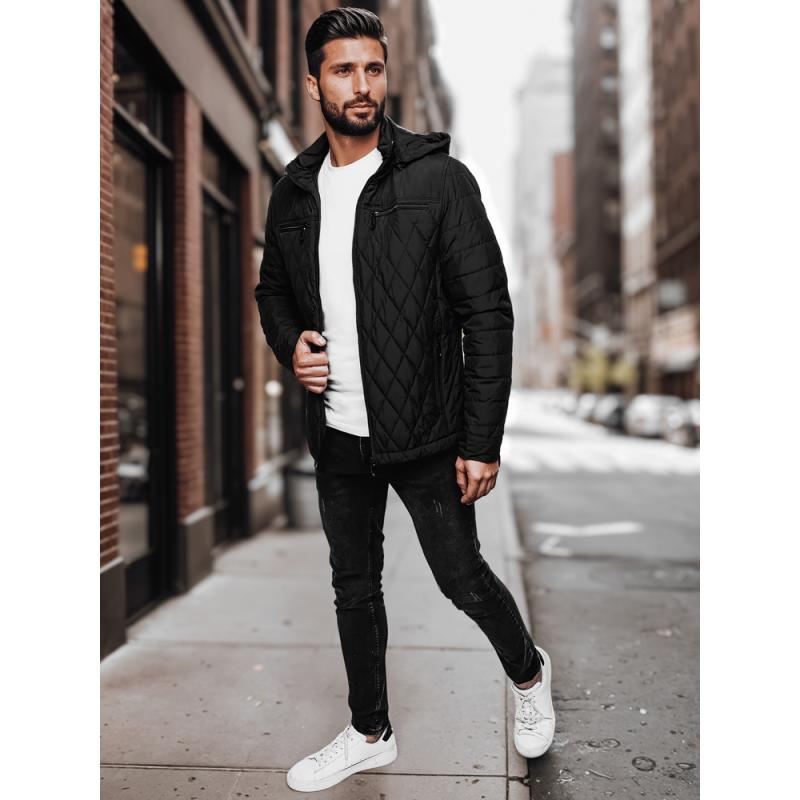 Pánská prošívaná bunda s kapucí, černá