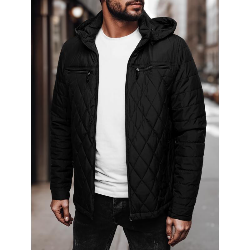 Pánská prošívaná bunda s kapucí, černá