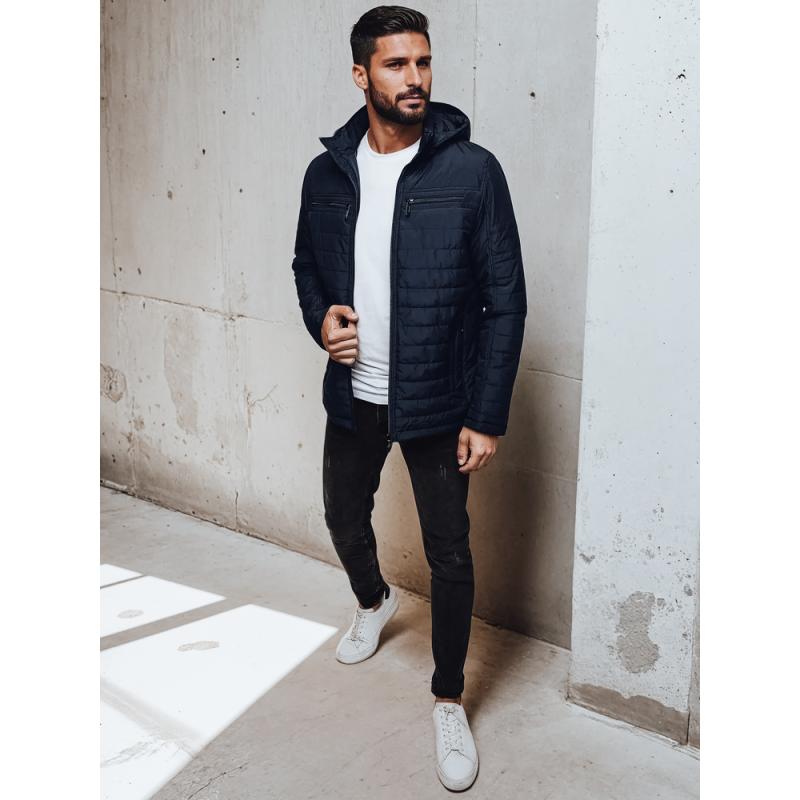 Pánská prošívaná bunda s kapucí, tmavě modrá