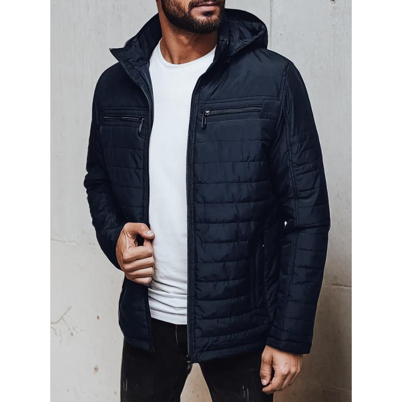 Pánská prošívaná bunda s kapucí, tmavě modrá
