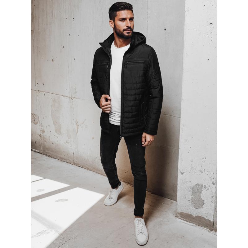 Pánská prošívaná bunda s kapucí, černá
