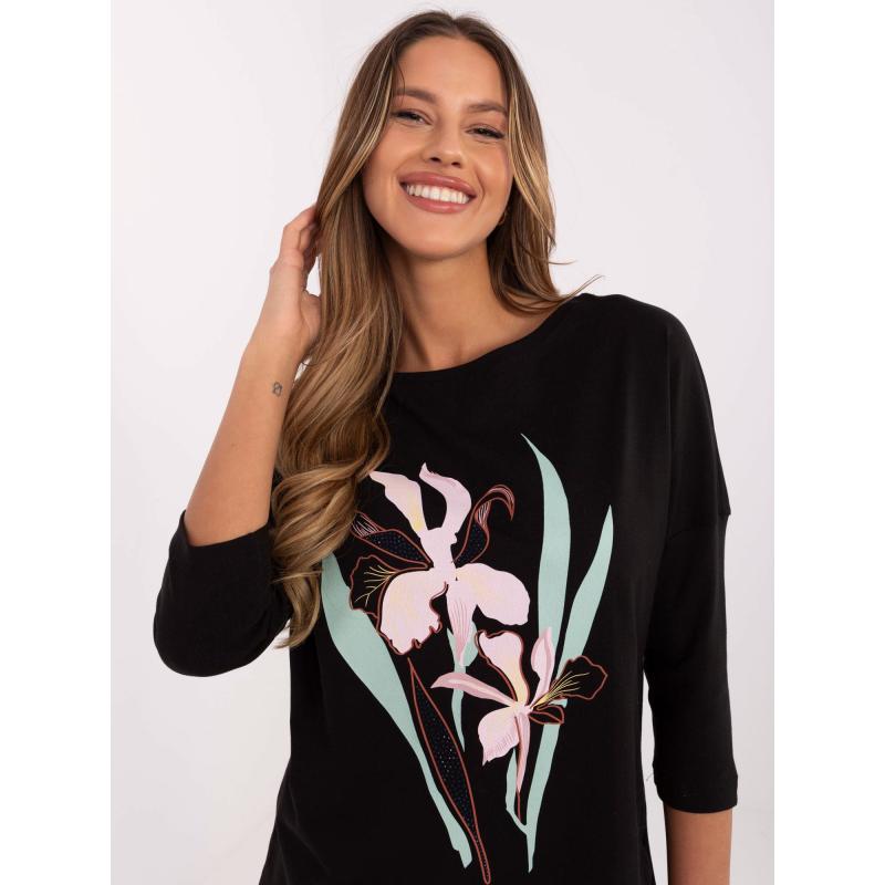 Černá dlouhá halenka s květinovým potiskem