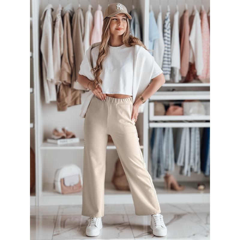 Dámské pruhované kalhoty s širokými nohavicemi LUXEEN mocha