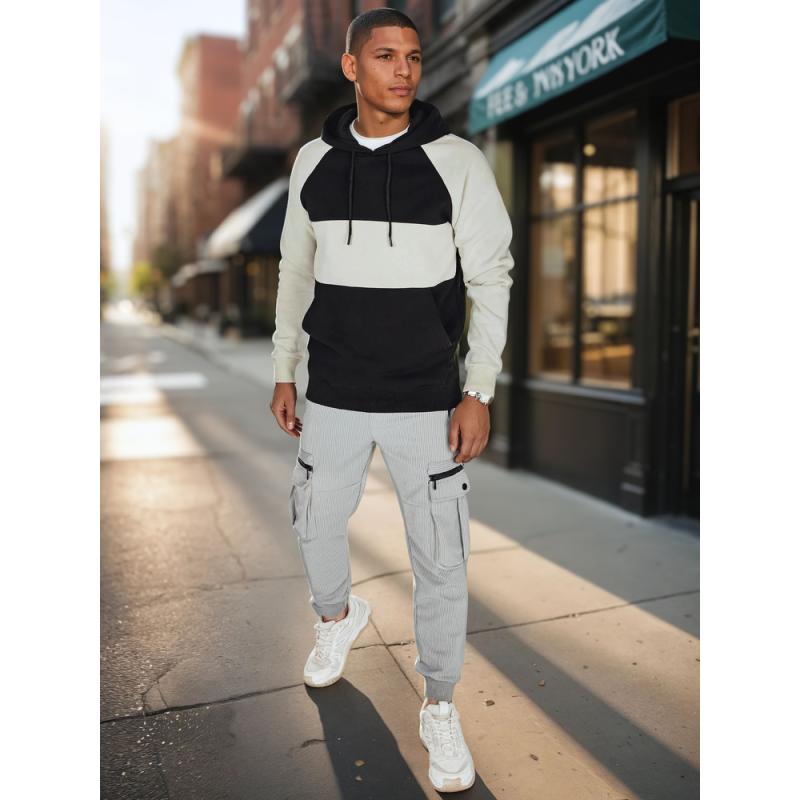 Pánska mikina basic s kapucňou v popelavo-čiernych pruhoch