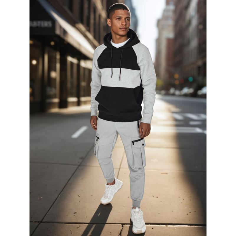 Pánska mikina basic s kapucňou v šedo-čiernych pruhoch