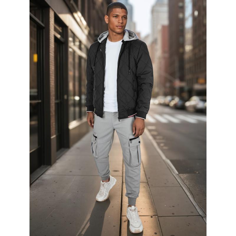 Férfi steppelt kabát kapucnival, fekete