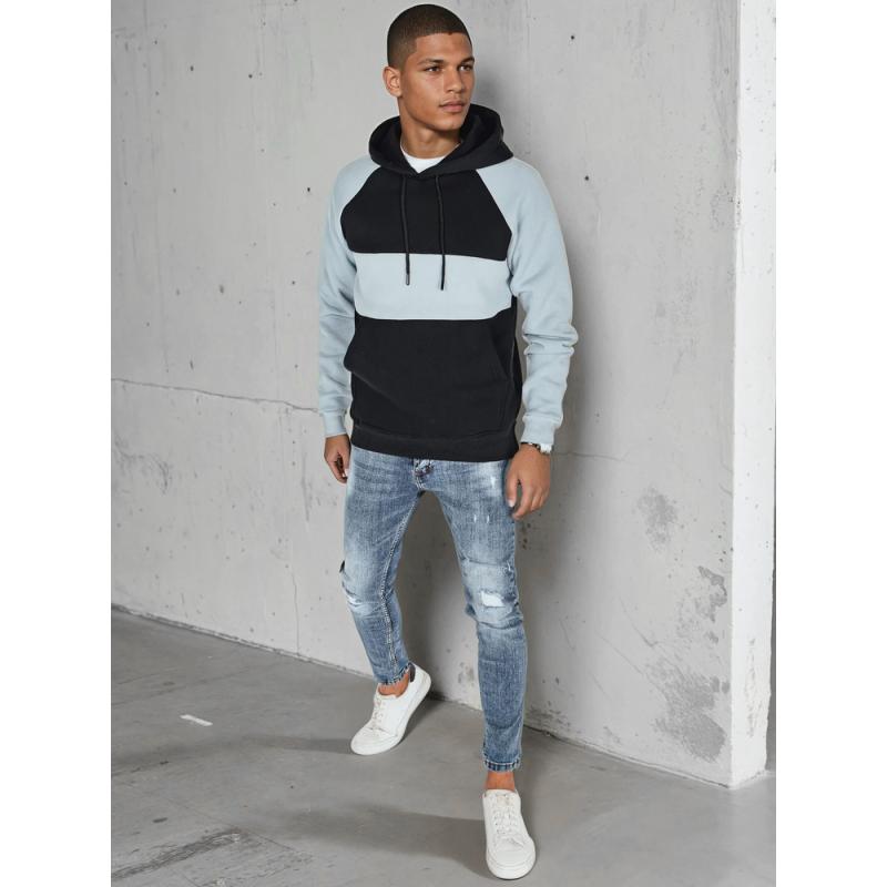 Pánska mikina basic s kapucňou v modro-čiernych prúžkoch