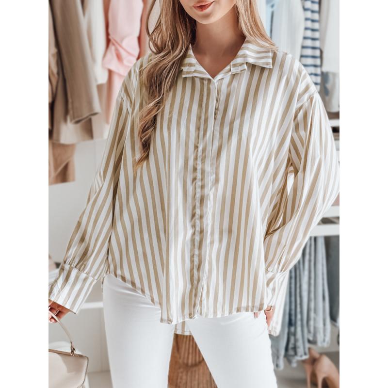 Dámská košile oversize s prodlouženým zadním dílem SAMONE v béžové barvě s bílými pruhy