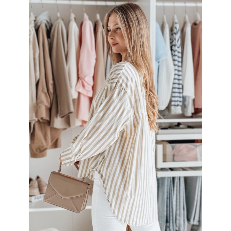 Dámská košile oversize s prodlouženým zadním dílem SAMONE v béžové barvě s bílými pruhy