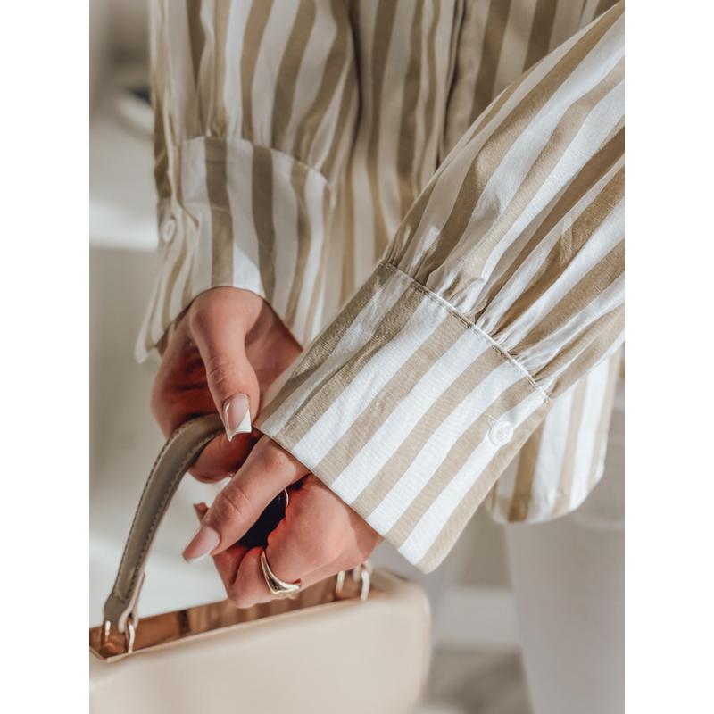 Dámská košile oversize s prodlouženým zadním dílem SAMONE v béžové barvě s bílými pruhy