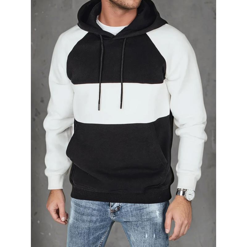 Pánska mikina basic s kapucňou v bielo-čiernych prúžkoch
