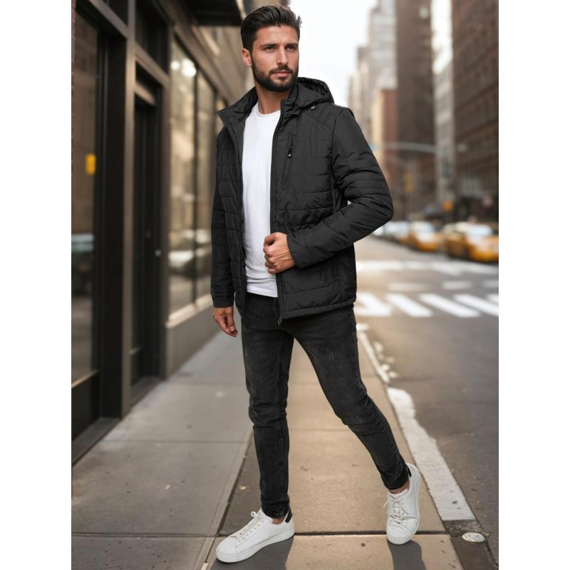 Pánská prošívaná bunda s kapucí, černá
