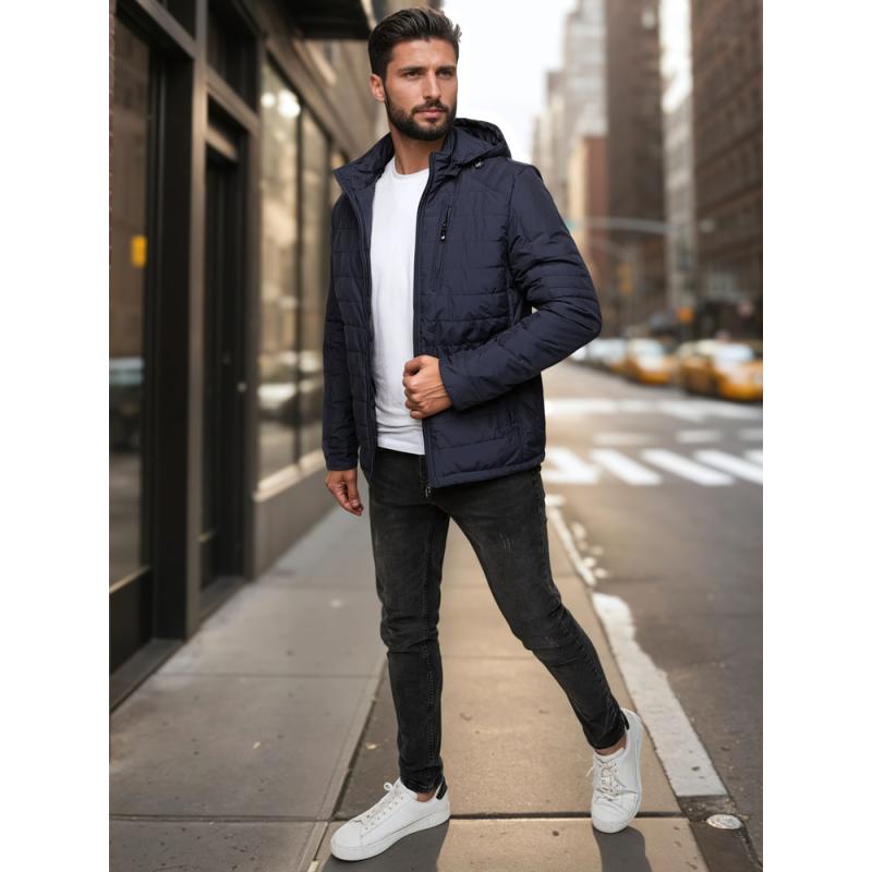 Pánská prošívaná bunda s kapucí, tmavě modrá