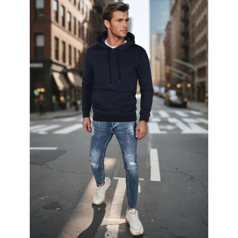 Férfi alap pulóver kapucnival, sötétkék