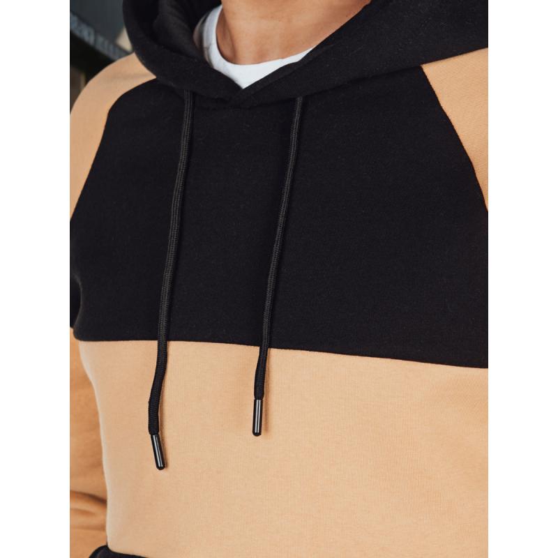 Pánska mikina s kapucňou v kamelovo-čiernych pruhoch