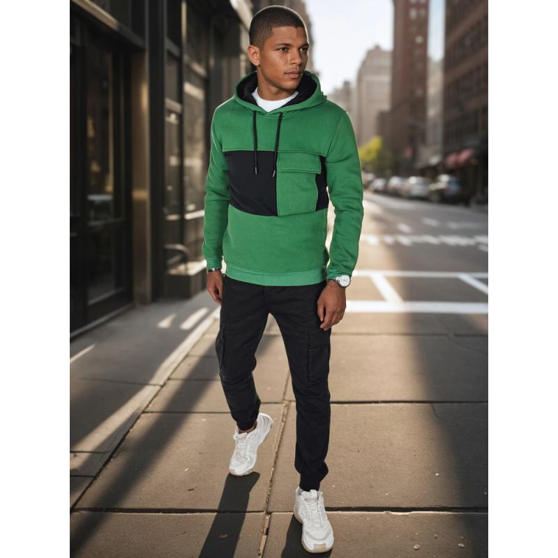 Férfi pulóver kapucnival, sötétzöld