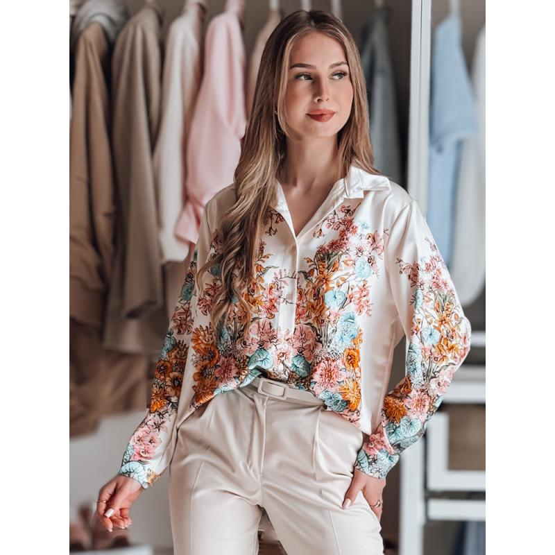 Női virágos oversize ing BLOSSIVA világos bézs színben